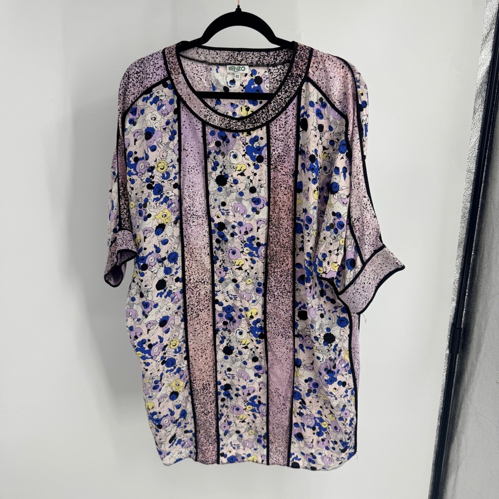 Kenzo Paris Women Purple Floral Abstract 100% Silk Oversized Tunic Top Size 42